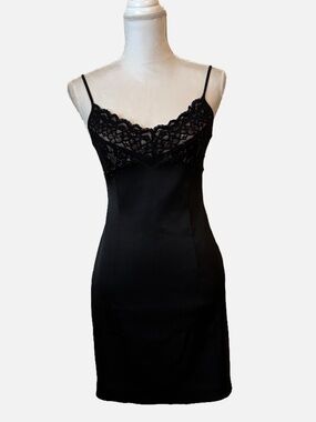 Laundry By Shelli Segal 90s Vintage Black Lace-Trim Slip Dress Size 4 Babydoll